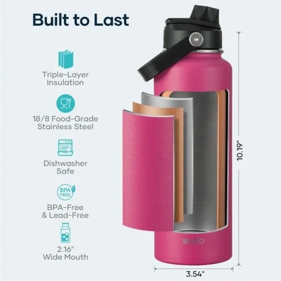 Buzio Duet Series Water Bottle with 2 Lids and Sleeve 1.2L - Rose